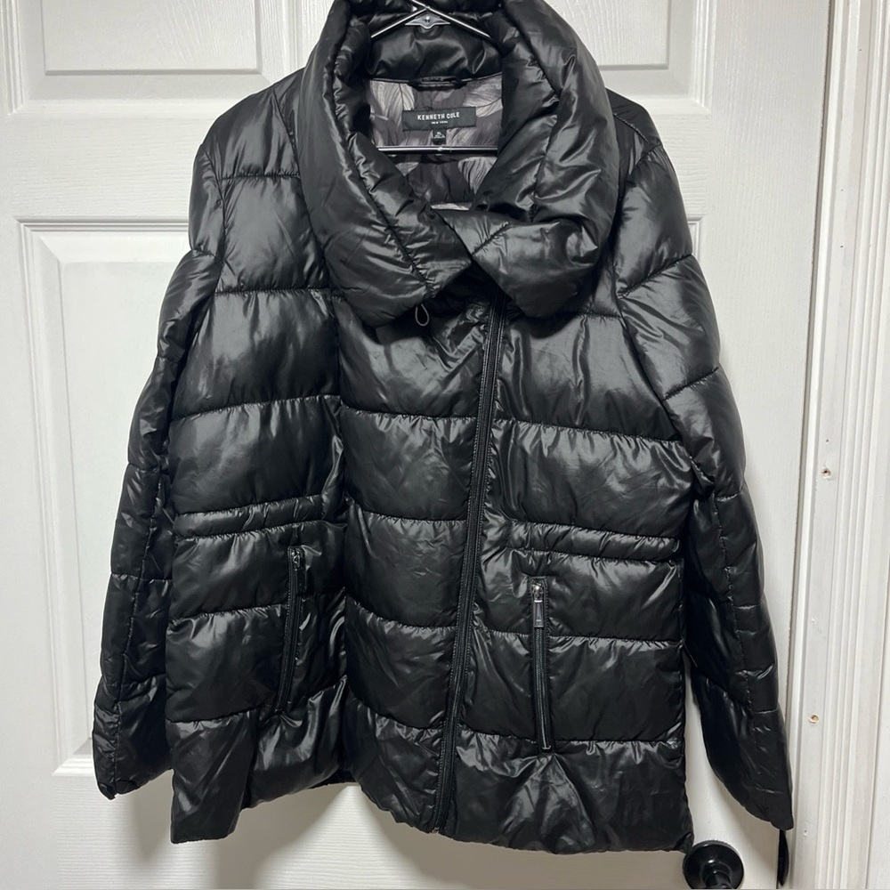 KENNETH COLE NEW YORK WOMENS BLACK ASYMMETRICAL ZIP PUFFER JACKET WINTER COAT~XL